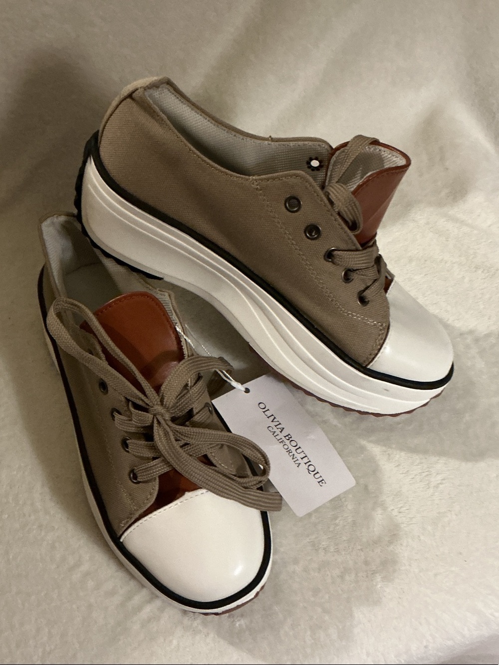 Taupe Canvas Platform Sneakers with White Toe
